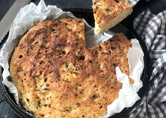 Roasted Garlic No Knead Skillet Bread Recipe With Olives by Archana’s Kitchen