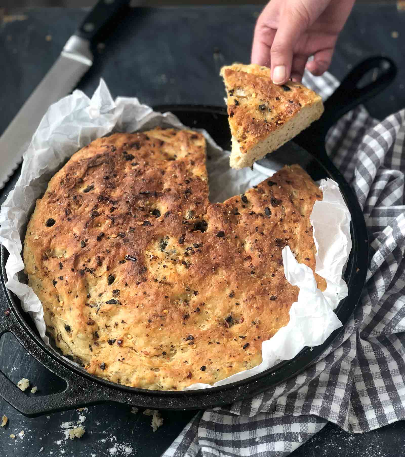 Roasted Garlic No Knead Skillet Bread Recipe With Olives by Archana’s Kitchen